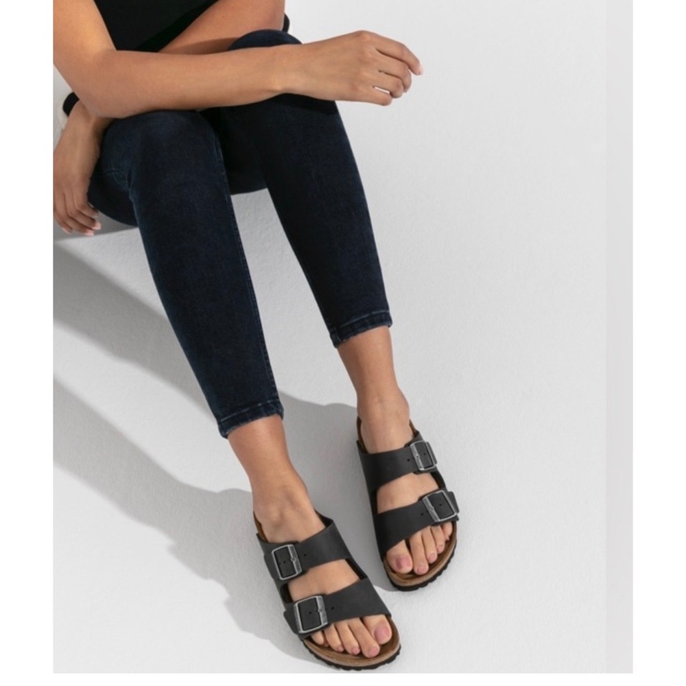 Birkenstock Arizona Black Birko-Flor Two Strap Buckle Slide Sandals Sz 40N L9 M7 - Picture 2 of 10